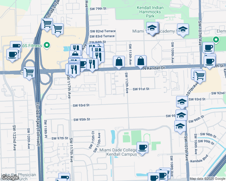 map of restaurants, bars, coffee shops, grocery stores, and more near 9024 Southwest 113th Avenue in Miami