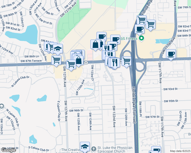 map of restaurants, bars, coffee shops, grocery stores, and more near 8911 Southwest 123rd Court in Miami