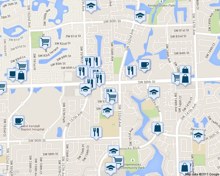 map of restaurants, bars, coffee shops, grocery stores, and more near 8800 Southwest 152nd Court in Miami