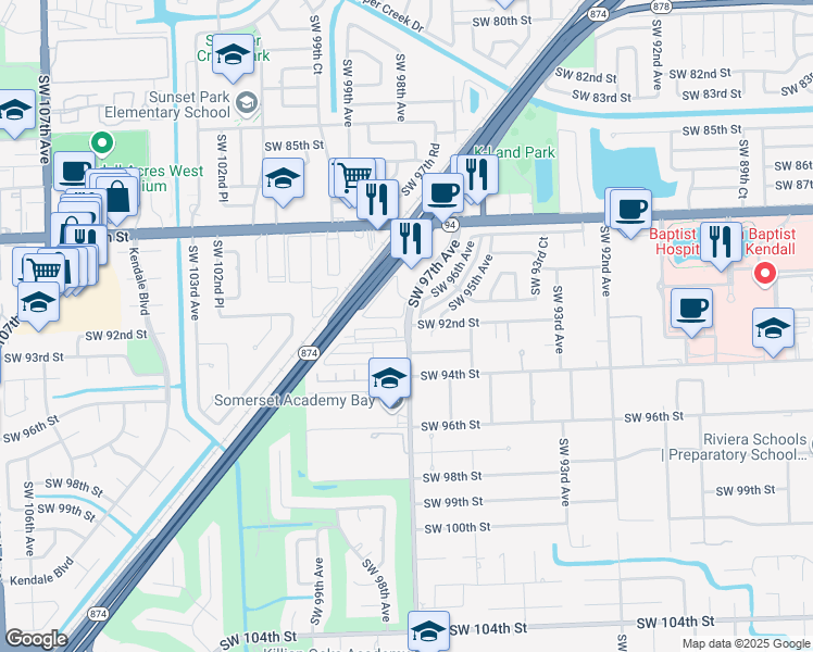 map of restaurants, bars, coffee shops, grocery stores, and more near 9022 Southwest 97th Avenue in Miami