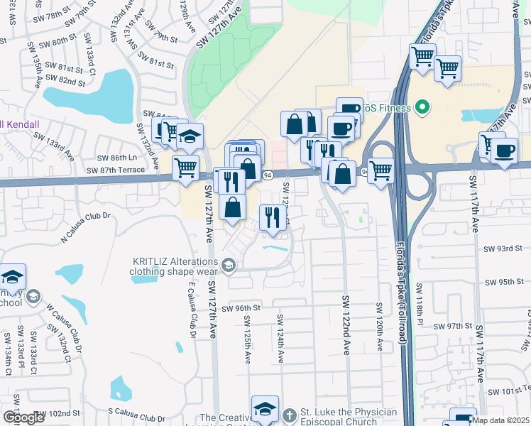 map of restaurants, bars, coffee shops, grocery stores, and more near 8830 Southwest 123rd Court in Miami