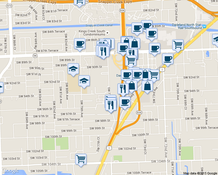 map of restaurants, bars, coffee shops, grocery stores, and more near 9315 Southwest 77th Avenue in Kendall