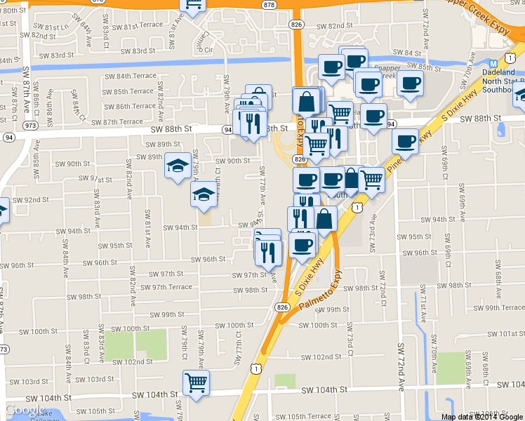 map of restaurants, bars, coffee shops, grocery stores, and more near 9315 Southwest 77th Avenue in Kendall