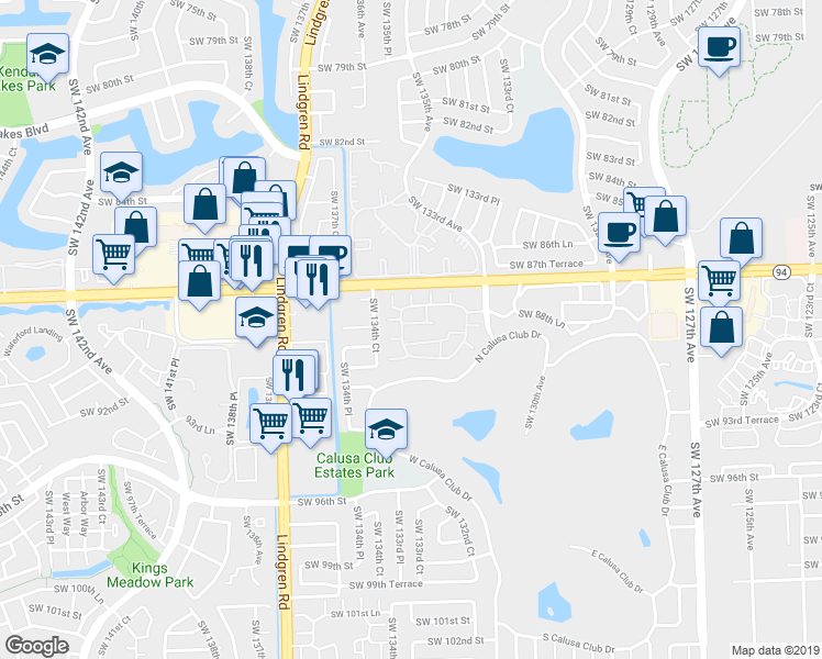 map of restaurants, bars, coffee shops, grocery stores, and more near 13371 Southwest 89th Terrace in Miami
