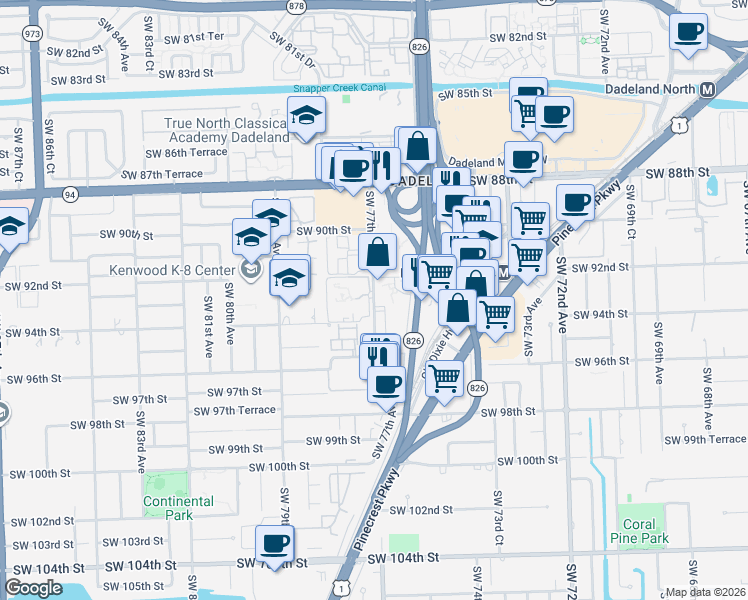 map of restaurants, bars, coffee shops, grocery stores, and more near 9315 Southwest 77th Avenue in Kendall