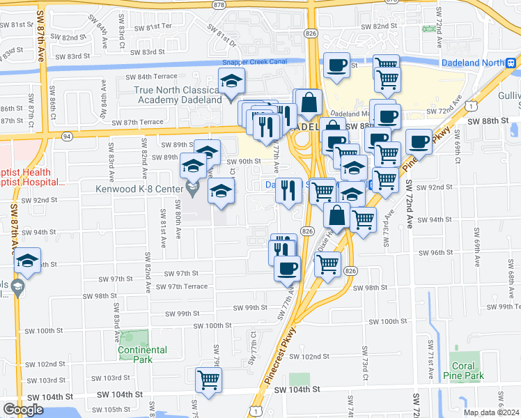 map of restaurants, bars, coffee shops, grocery stores, and more near 9304 Southwest 77th Avenue in Miami