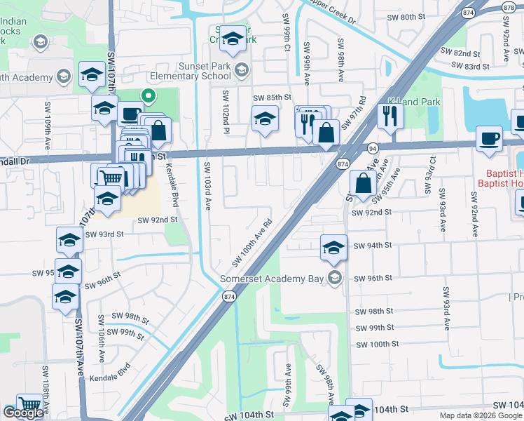 map of restaurants, bars, coffee shops, grocery stores, and more near 10015 Southwest 91st Terrace in Miami