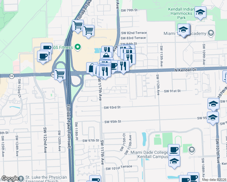 map of restaurants, bars, coffee shops, grocery stores, and more near 11543 Southwest 90th Street in Miami