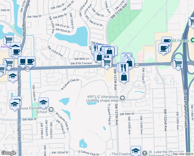 map of restaurants, bars, coffee shops, grocery stores, and more near 12924 Southwest 88th Lane in Miami