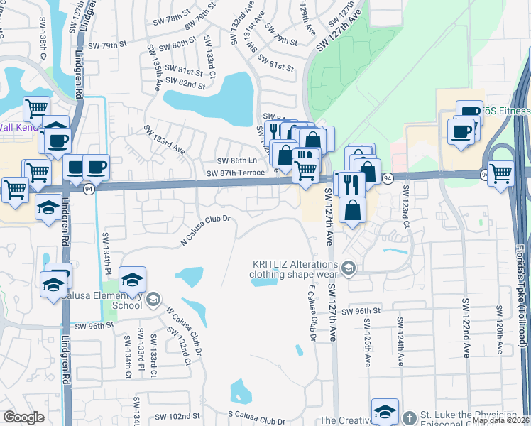 map of restaurants, bars, coffee shops, grocery stores, and more near 13023 Southwest 88th Lane in Miami