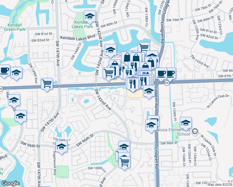 map of restaurants, bars, coffee shops, grocery stores, and more near 8881 Southwest 142nd Avenue in Miami
