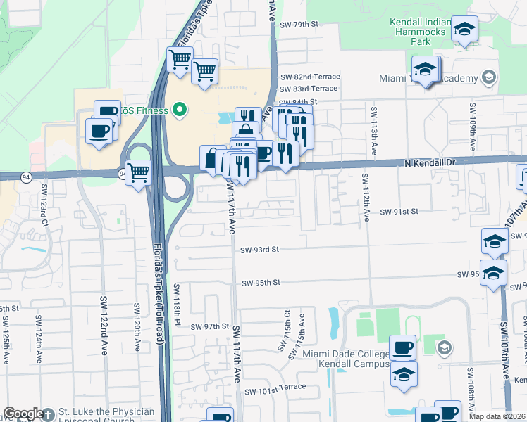 map of restaurants, bars, coffee shops, grocery stores, and more near 11543 Southwest 90th Street in Miami