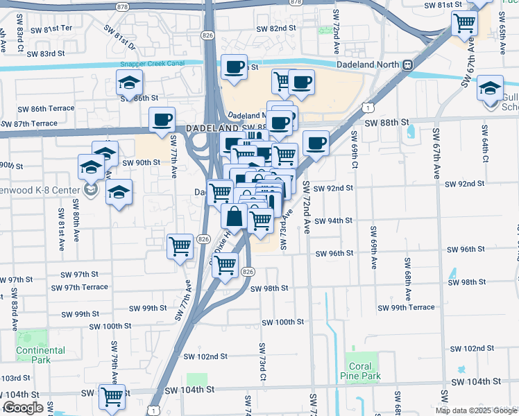 map of restaurants, bars, coffee shops, grocery stores, and more near 9150 South Dadeland Boulevard in Miami