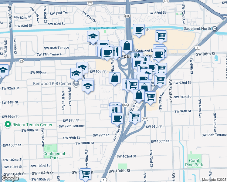 map of restaurants, bars, coffee shops, grocery stores, and more near 9315 Southwest 77th Avenue in Kendall