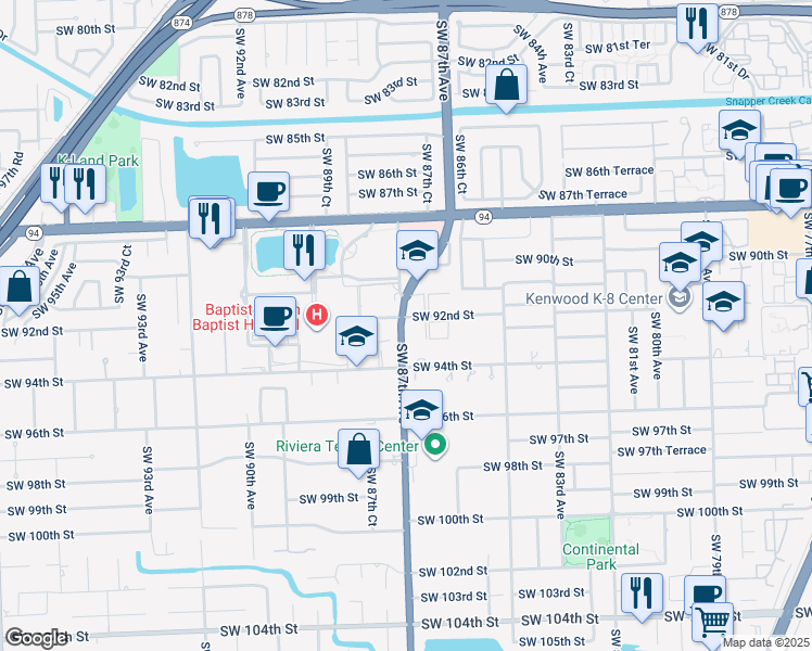 map of restaurants, bars, coffee shops, grocery stores, and more near 9150 Southwest 87th Avenue in Miami