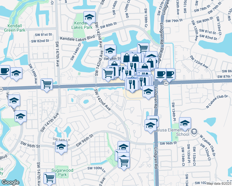 map of restaurants, bars, coffee shops, grocery stores, and more near 8881 Southwest 142nd Avenue in Miami