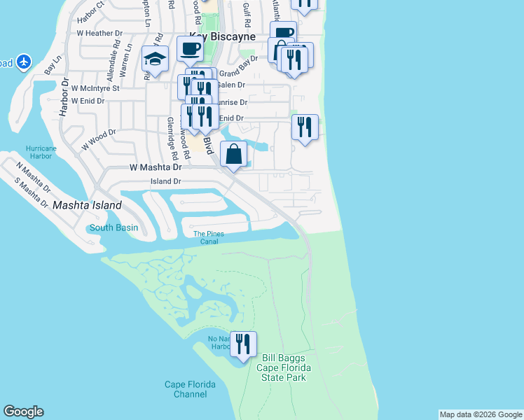 map of restaurants, bars, coffee shops, grocery stores, and more near 21 Island Drive in Key Biscayne