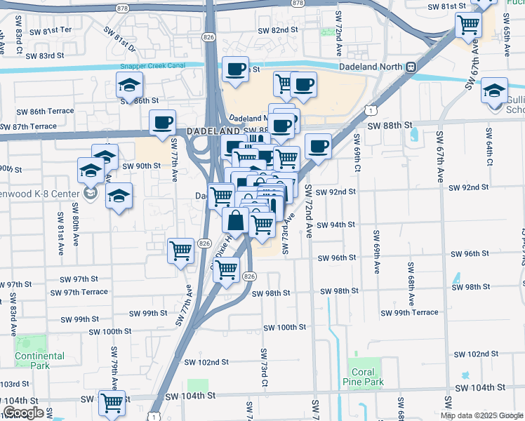 map of restaurants, bars, coffee shops, grocery stores, and more near 9150 South Dadeland Boulevard in Miami