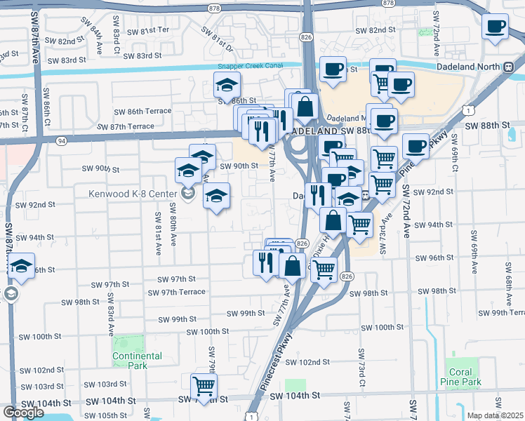 map of restaurants, bars, coffee shops, grocery stores, and more near 9304 Southwest 77th Avenue in Miami