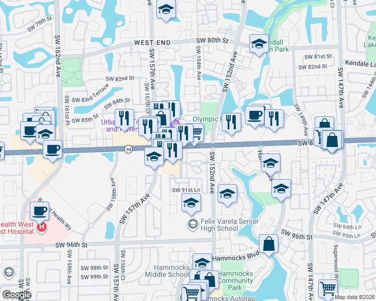 map of restaurants, bars, coffee shops, grocery stores, and more near 8804 Southwest 153rd Court in Miami