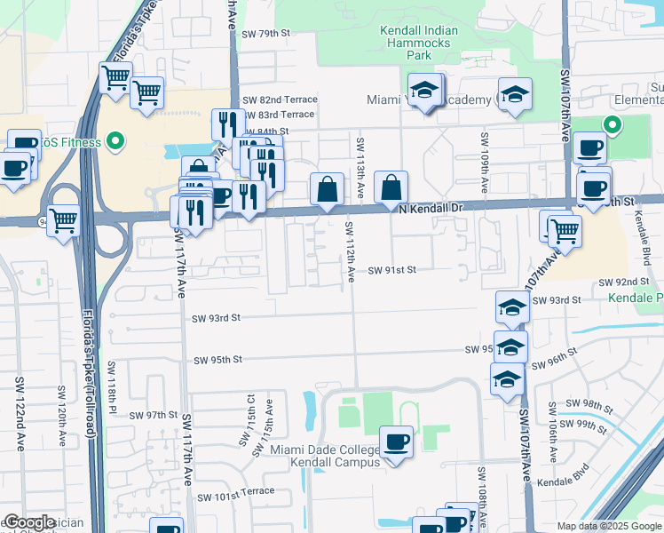 map of restaurants, bars, coffee shops, grocery stores, and more near 11259 Southwest 90th Lane in Miami