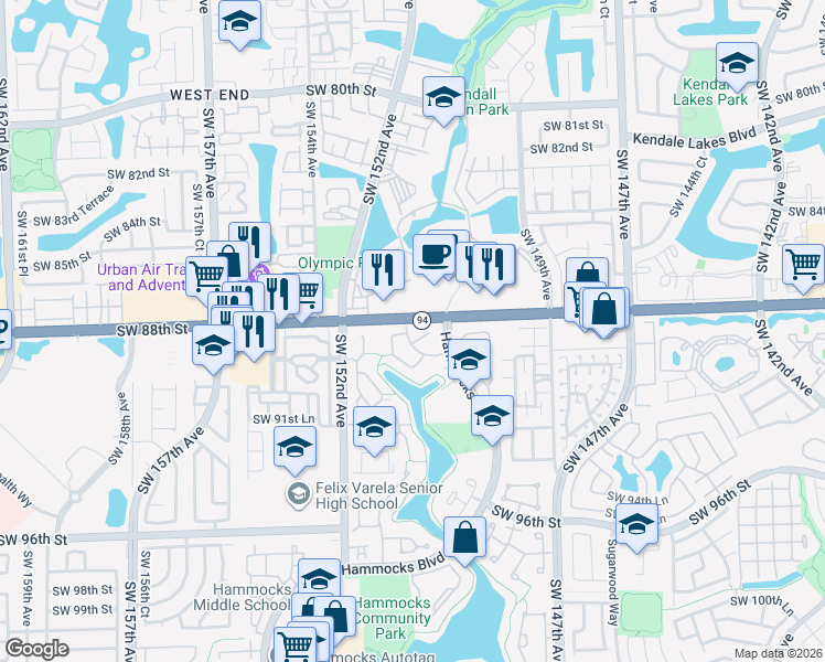 map of restaurants, bars, coffee shops, grocery stores, and more near 8802 Southwest 150th Place Circle in Miami