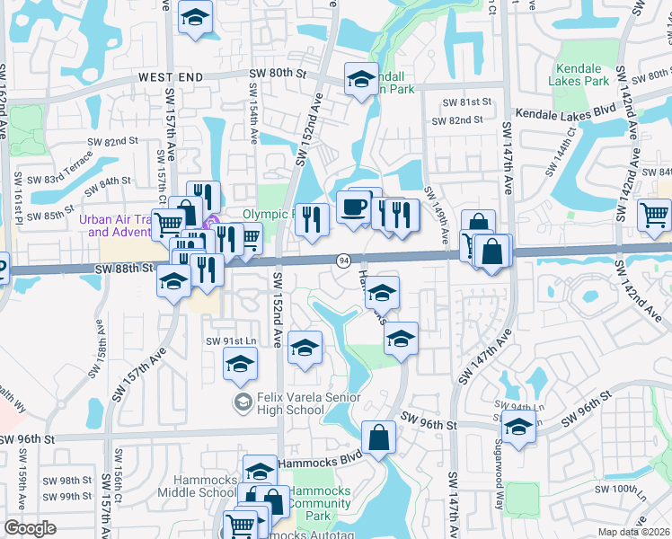 map of restaurants, bars, coffee shops, grocery stores, and more near 8802 Southwest 150th Place Circle in Miami
