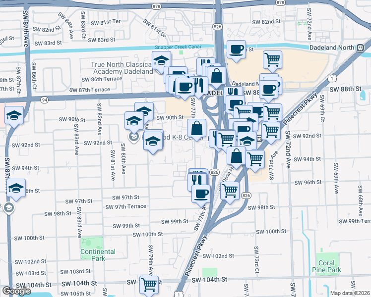 map of restaurants, bars, coffee shops, grocery stores, and more near 9354 Southwest 77th Avenue in Miami