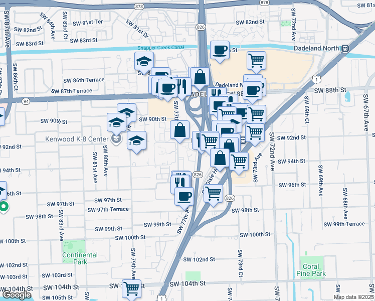 map of restaurants, bars, coffee shops, grocery stores, and more near 9315 Southwest 77th Avenue in Kendall