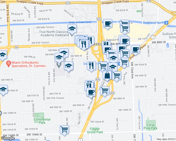 map of restaurants, bars, coffee shops, grocery stores, and more near 9315 Southwest 77th Avenue in Kendall