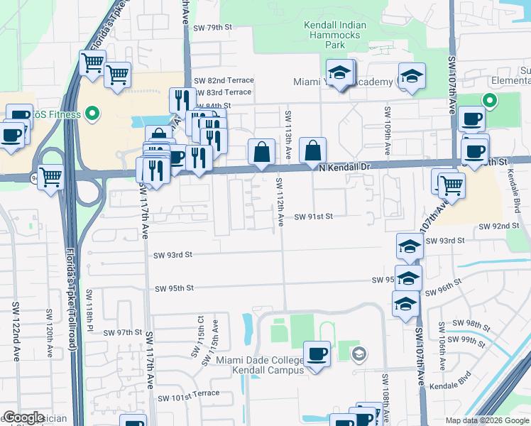 map of restaurants, bars, coffee shops, grocery stores, and more near 11259 Southwest 90th Lane in Miami