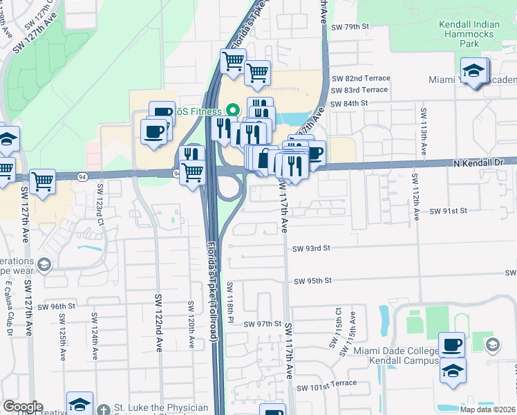 map of restaurants, bars, coffee shops, grocery stores, and more near 11807 Southwest 90th Terrace in Miami