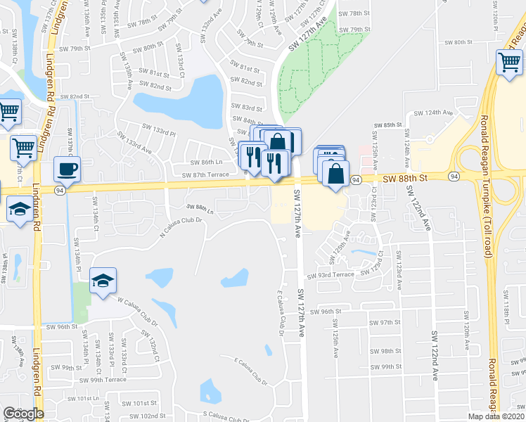 map of restaurants, bars, coffee shops, grocery stores, and more near 12921 Southwest 88th Lane in Miami