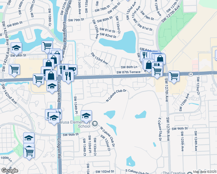 map of restaurants, bars, coffee shops, grocery stores, and more near 8899 Southwest 133rd Court in Miami