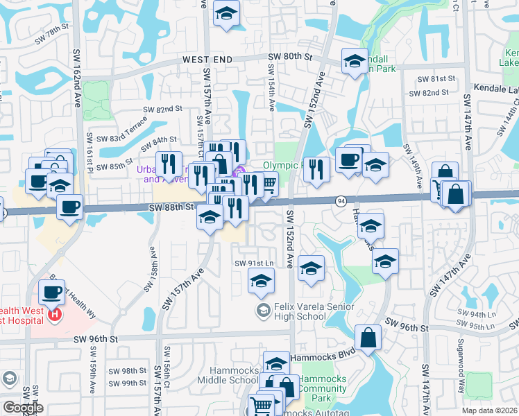 map of restaurants, bars, coffee shops, grocery stores, and more near 8804 Southwest 153rd Court in Miami