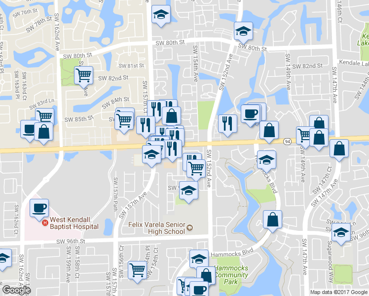 map of restaurants, bars, coffee shops, grocery stores, and more near 8804 Southwest 153rd Court in Miami