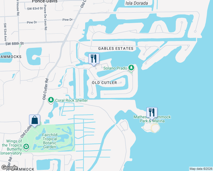 map of restaurants, bars, coffee shops, grocery stores, and more near 565 Marquesa Drive in Coral Gables