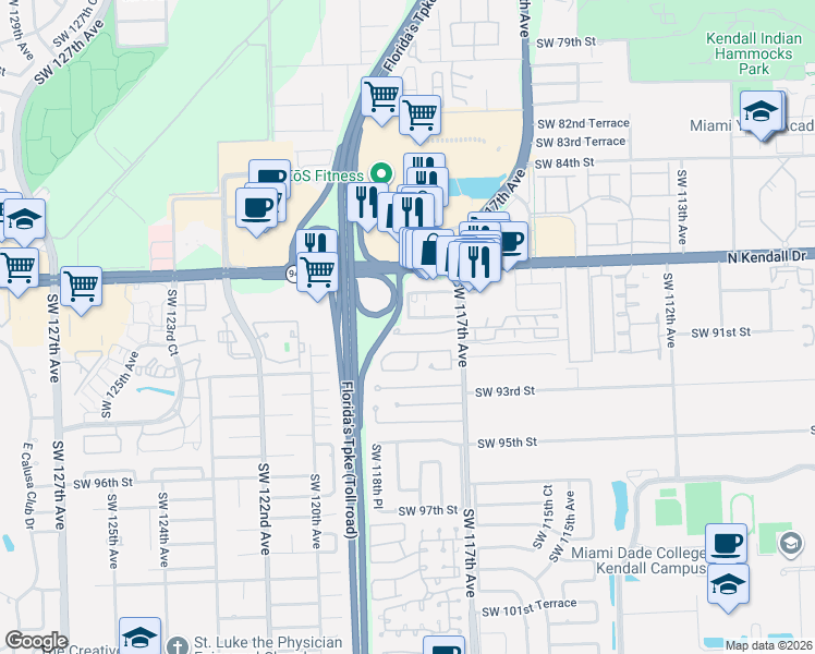 map of restaurants, bars, coffee shops, grocery stores, and more near 11807 Southwest 90th Terrace in Miami