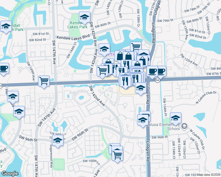 map of restaurants, bars, coffee shops, grocery stores, and more near 8881 Southwest 142nd Avenue in Miami