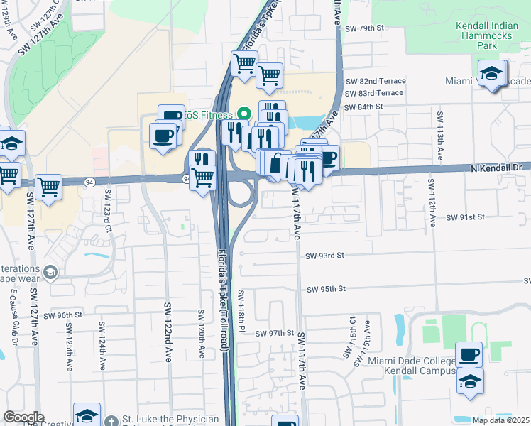 map of restaurants, bars, coffee shops, grocery stores, and more near 11807 Southwest 90th Terrace in Miami