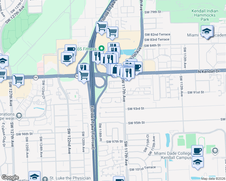 map of restaurants, bars, coffee shops, grocery stores, and more near 11807 Southwest 90th Terrace in Miami