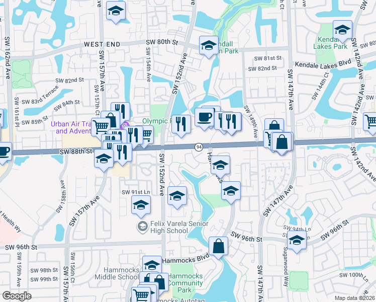 map of restaurants, bars, coffee shops, grocery stores, and more near 8802 Southwest 150th Place Circle in Miami