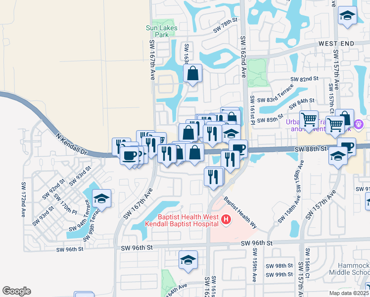 map of restaurants, bars, coffee shops, grocery stores, and more near 114 Southwest 165th Avenue in Miami