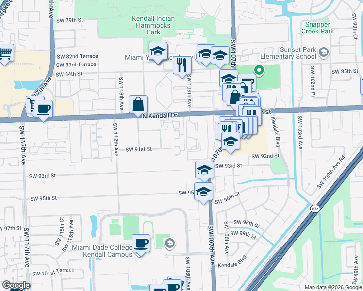 map of restaurants, bars, coffee shops, grocery stores, and more near 9021 Southwest 108th Court in Miami