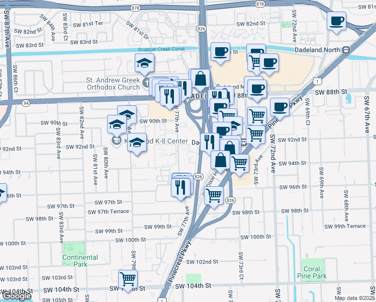 map of restaurants, bars, coffee shops, grocery stores, and more near 9315 Southwest 77th Avenue in Kendall