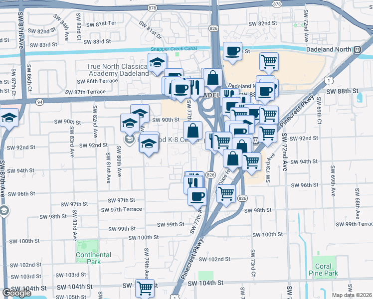 map of restaurants, bars, coffee shops, grocery stores, and more near 9315 Southwest 77th Avenue in Kendall