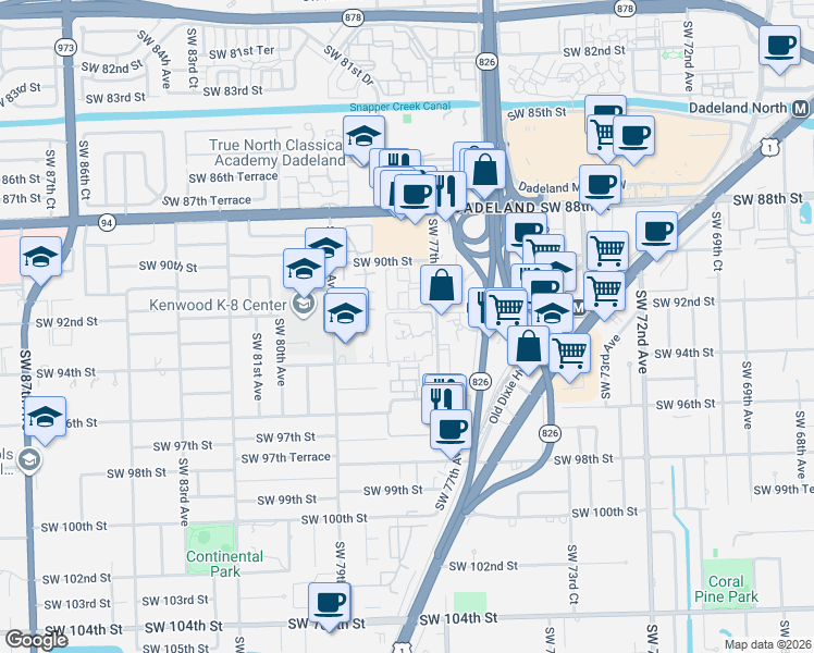 map of restaurants, bars, coffee shops, grocery stores, and more near 9304 Southwest 77th Avenue in Miami