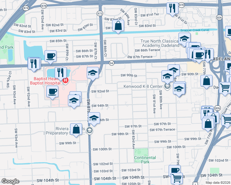 map of restaurants, bars, coffee shops, grocery stores, and more near 8380 Southwest 91st Terrace in Miami