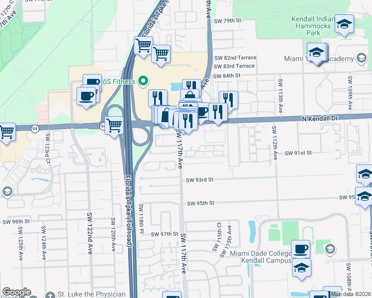 map of restaurants, bars, coffee shops, grocery stores, and more near 11617 Southwest 90th Street in Miami