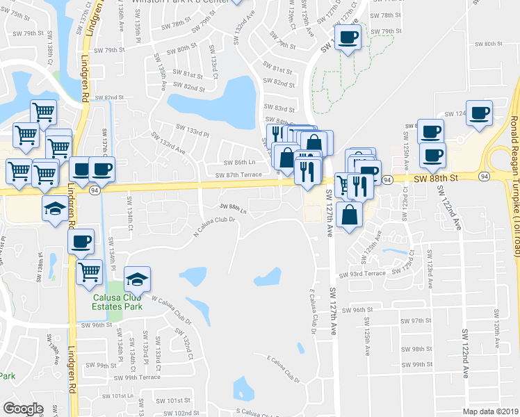 map of restaurants, bars, coffee shops, grocery stores, and more near 13023 Southwest 88th Lane in Miami